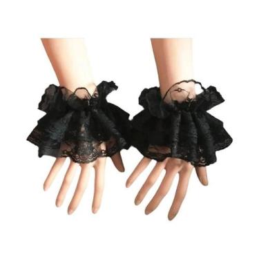 Imagem de Luvas Curtas De Renda Preta Com Babados Florais Estilo Lolita Para Mul