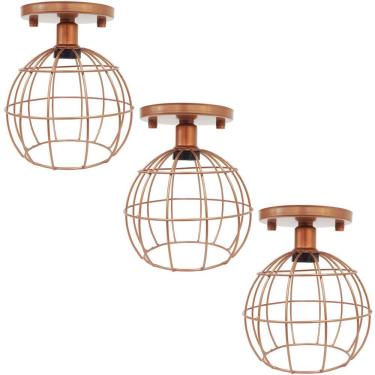 Imagem de 3 Lustres Teto Plafon Industrial Aramado Globo Retrô Luminária Vintage Cobre Rose Gold Agp Ilumini
