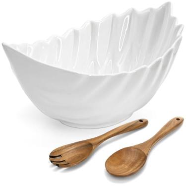 Imagem de Hacaroa Tigela de salada de cerâmica de 1,5 g, tigela grande de 28 cm, tigelas de sopa brancas com utensílios de madeira, tigela decorativa em forma de folha para massas, ensopados, frutas, lanches