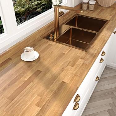 Imagem de Yullpaper Papel de parede marrom claro Shiplap bloco de açougueiro rústico papel de contato para bancada, descasque e cole papel de parede de grão de madeira para cozinha, quarto, autoadesivo, placa