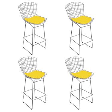 Imagem de Kit 4 Banquetas Bistrô Bertoia Cromada D70 Com Assento Sintético Amarelo