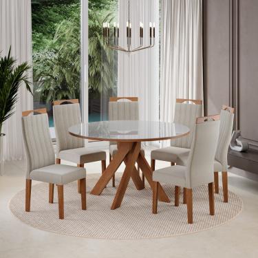 Imagem de Conjunto Sala de Jantar Mesa 137cm com Tampo de Vidro Mônaco com 6 Cadeiras Grécia Madetal - Mel/Nude/Bege