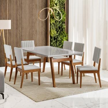 Imagem de Conjunto Sala de Jantar Mesa 154cm com Tampo de Vidro Onix com 6 Cadeiras Milão Madetal - Mel/Nude/Cinza