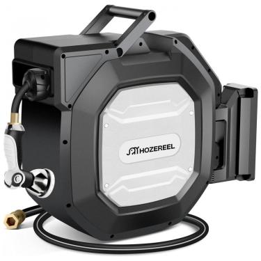 Imagem de Mangueira de Jadim 40M com Enrolador Retrátil, Rebobinamento Automático e Trava, HOZEREEL, Preto e Branco