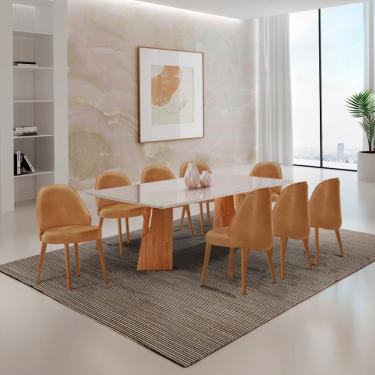 Imagem de Mesa Florida Tampo Laqueado Com Vidro E 8 Cadeiras Suiça Star Caramelo/laq Off/cinam. Imbuia