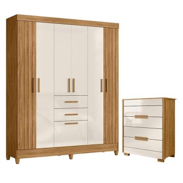 Imagem de Guarda Roupa Solteiro e Cômoda Malta Dhara 7 Portas Giratórias 2 Gavetas MDP Moderno Fr...