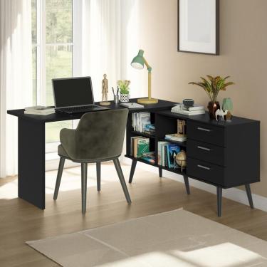 Imagem de Escrivaninha em l Lisboa Moderno 3 Gavetas em MDF 255cm Preto para Quarto e Home Office