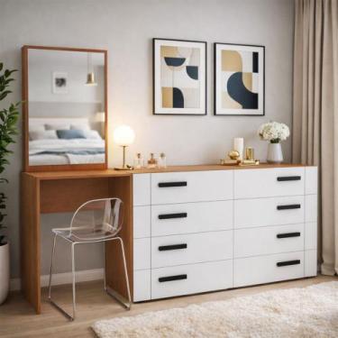 Imagem de Cômoda Lisboa 8 Gavetas com Espelho Branco/Freijó - Politorno, Marrom 