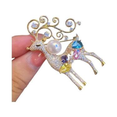 Imagem de broche de veado de Natal colorido diamante alce zircão animal pino joi