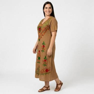 Imagem de Vestido Indiano Longo Manga Curta Liso bordado Colorido 1100 - - Sarat