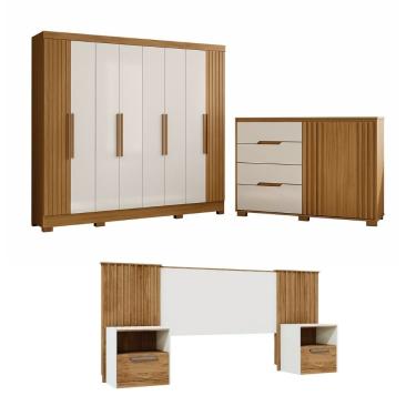 Imagem de Quarto Casal Guarda Roupa 8 Portas Com Cômoda E Cabeceira Freijo-off White-frisado