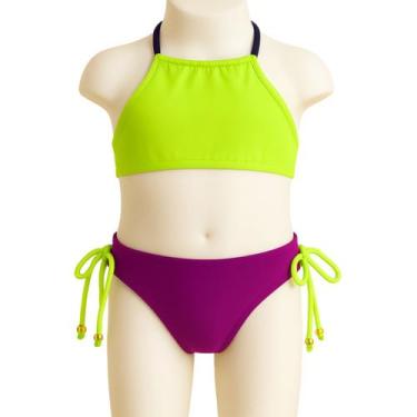 Imagem de Biquíni Infantil Verde Limão Roxo Halter com Laços Laterais - anjo da 