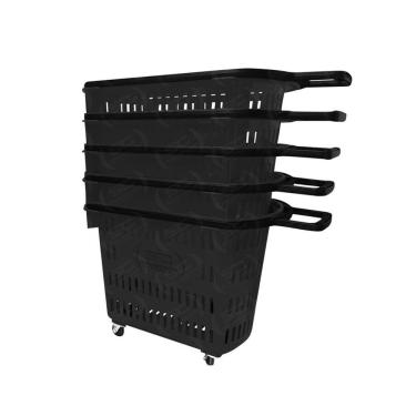 Imagem de Kit 5 Cestos de Compras Plásticos D300 3300 30L com Puxador e Rodízios Preto Della Plast
