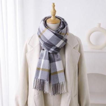 Imagem de Cachecol Xadrez Feminino Elegante Echarpe Inverno com Franjas Macio Es