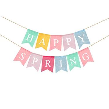 Imagem de Rainlemon Rustic Linen Faixa de mola feliz lareira Mantel Bunting Garland Decoração