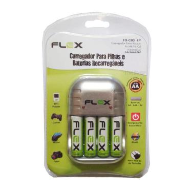 Imagem de Carregador de Pilhas Flex com 4 pilhas AA 2700mAh Recarregáveis Desligamento Automático e Led FX-C03