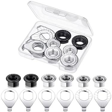 Imagem de 12 peças de porca de eixo de bicicleta e kit de arruela de segurança - 3 tamanhos de cubo de bicicleta porcas de ferragem flangeadas porcas de flange de aço peças de cubo de bicicleta de retenção para