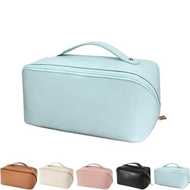 Imagem de Bolsa de cosméticos de viagem de grande capacidade 2022 bolsas de maquiagem de viagem de camada dupla multifuncional à prova d'água portátil bolsa de cosméticos com alça divisor para