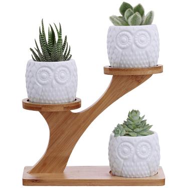 Imagem de 3 peças de vasos de suculenta de coruja com 3 camadas de pires de bambu suporte - plantador de flores de cerâmica decorativo moderno branco com drenagem - mesa de escritório em casa jardim mini vaso de planta de cacto decoração interna