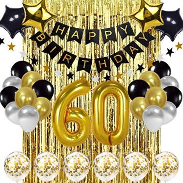 Imagem de Balão de 60º Aniversário Decorações Preto e Dourado, Faixa de Feliz Aniversário, Balões de Ouro 60º Número de Balões de Aniversário de 60 Anos, Artigos de Decoração de Aniversário de 60 Anos