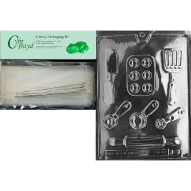 Imagem de Cybrtrayd Conjunto de assar molde de chocolate e doces com pacote de 25 sacos de violoncelo, 25 laços prateados e instruções de moldagem de chocolate