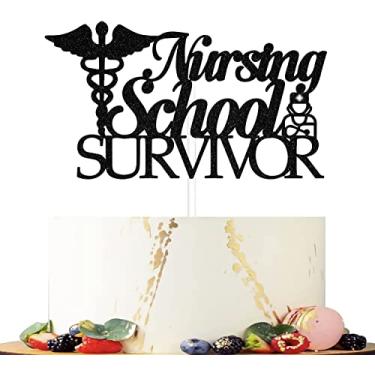 Imagem de Enfeite de bolo de sobrevivente da escola de enfermagem, Enfeite de bolo Congrats Nurse 2022, Congrats BSN/RN, Suprimentos de decorações de festa de formatura para a aula de 2022, glitter preto