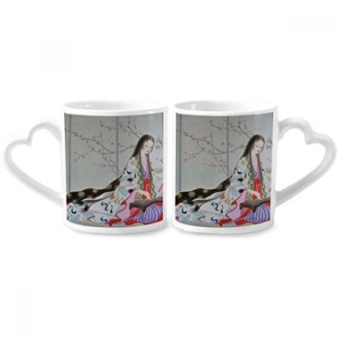 Imagem de Conjunto de canecas de porcelana para casal com pintura chinesa de flor de ameixa com alça de coração