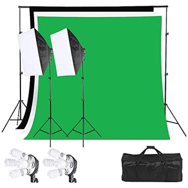Imagem de Kit de iluminação luz de estúdio com 3 fundos fotográficos, suporte de fundo, 2 softbox 50x70 com 4 soquetes E27, 8 lâmpadas de 135W, grampos e bolsa