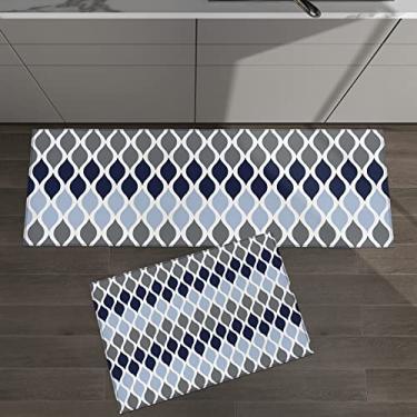 Imagem de Conjunto de 2 tapetes de cozinha padrão geométrico colorido de meados do século azul marinho cinza para tapetes acolchoados no chão e tapetes antiderrapante absorvente corredor confortável tapete de pé