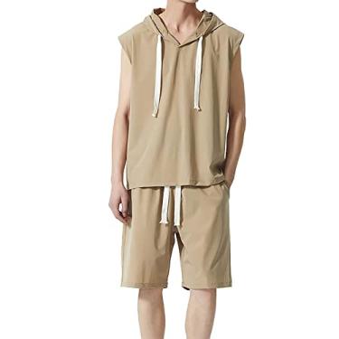 Imagem de Terno slim fit para homens média seda gelo camiseta masculina verão fino casual solto manga curta shorts ternos chineses, Cáqui, 3G