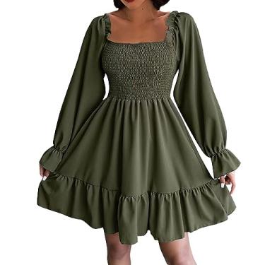 Imagem de UIFLQXX Vestidos de coquetel femininos outono sólido gola quadrada flare manga longa babados vestido vestido de coquetel vestidos de festa, Verde, XXG