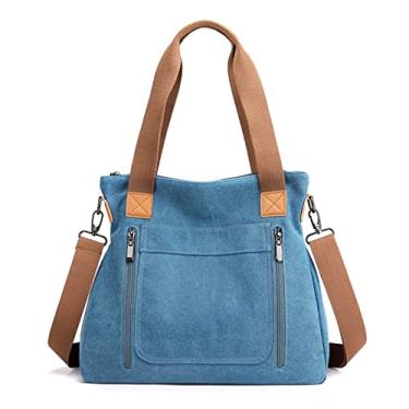 Imagem de Bolsa Feminina Lona Vintage Bolsa De Ombro Casual Uso Diário Bolsa Feminina De Ombro Bolsa De Mão Com AjustáVel Alça De Ombro (Azul)