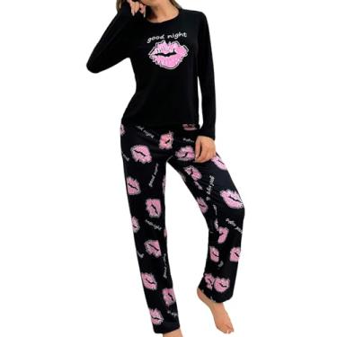 Imagem de WDIRARA Conjunto de pijama feminino com estampa de leopardo de 2 peças, blusa e calça de manga comprida, Multicolorido, preto e rosa, P