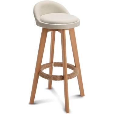 Imagem de Cadeira de bar de restaurante, banco alto giratório de madeira maciça 360 ° com almofada de linho de algodão, apoio para os pés e adesivos antiderrapantes para pés, cáqui, 60 cm