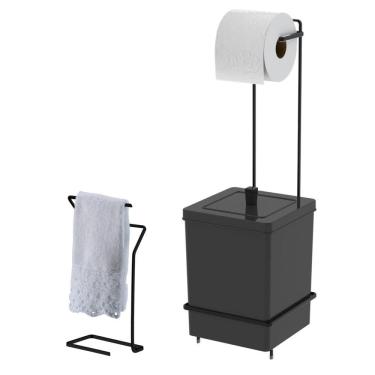 Imagem de Kit Toalheiro Duplo De Bancada Suporte Papel Higiênico Com Lixeira 6,5L Preto - Future