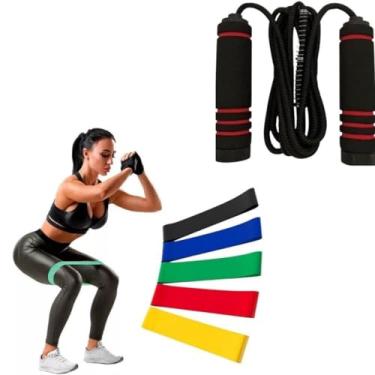 Imagem de Kit 5 Faixas Elasticas Mini Band Exercicios em Casa Extensor Academia Yoga Pilates Fitness Crossfit Fisioterapia + Corda de Pular Jump Rope Pro Ajustável - Tubarão Stores