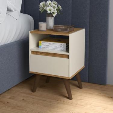 Imagem de Mesa De Cabeceira Paara Quarto Cama Com Gaveta Pés Retro (Off White/Freijó)