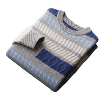Imagem de Suéter de inverno de caxemira masculino jacquard pulôver de lã gola redonda grossa manga longa suéter casual de malha de lã, Azul claro, G