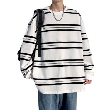 Imagem de ZONTO Camiseta masculina de manga comprida solta de algodão com gola redonda, Off-white, 3G