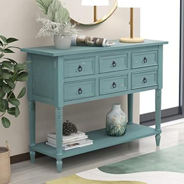 Imagem de Mesa de console moderna de 117 cm com 6 gavetas e 1 prateleira aberta, mesa longa de sofá/corredor com estante aberta de armazenamento para escritório, cozinha, quarto, sala de estar (cinza) (verde)