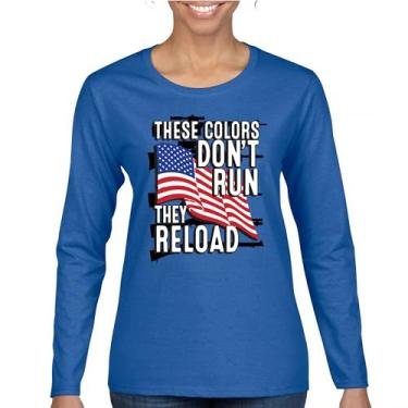 Imagem de Camiseta feminina de manga longa These Colors Don't Run They Reload 2nd Amendment 2A Don't Tread on Me Second Right Bandeira americana, Azul, P