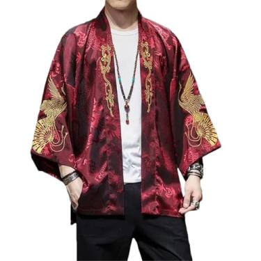 Imagem de Roupa masculina Samurai Fantasia Chinesa Hanfu Casaco Quimono Japonês Bordado Cardigan Dragão Rayon Camisa Blusa, Casaco vermelho vinho, G
