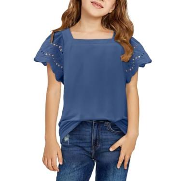 Imagem de Yoklass Camisetas casuais para meninas, gola quadrada, manga com babados, blusas soltas sólidas de 5 a 14 anos, Azul, preto, 13-14 Anos