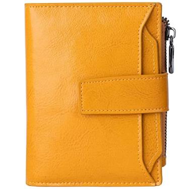 Imagem de Carteira feminina pequena de couro com bloqueio de RFID, bolso com zíper, compartimento para cartão de crédito e janela para identidade, Amarelo, Small, Carteira RFID