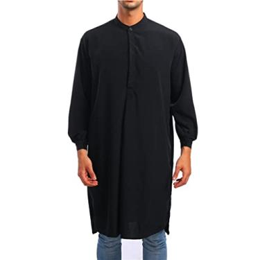 Imagem de Masculino Kaftan Robe manga longa algodão linho Thob lado Split Button Down Thobe camisa muçulmana,Black,XXL