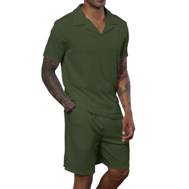 Imagem de Uni Clau Conjunto de shorts masculinos, 2 peças, camisa polo de manga curta, moda de verão, casual, conjunto de shorts, Verde, G