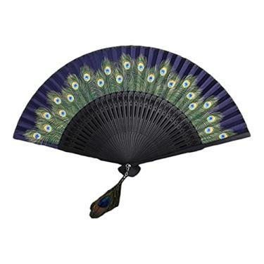 Imagem de YQHWLKJ Ventiladores de mão com estampa de pavão estilo chinês, leque dobrável de seda para dança, festa, presentes de casamento, decoração DIY, decorações de casa
