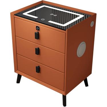 Imagem de Mesa de cabeceira, mesa de cabeceira inteligente com estação de carregamento, com luzes/fechadura por impressão digital/alto-falante Bluetooth/3 gavetas, laranja, 50 cm