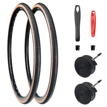 Imagem de BALINGE Pneu de bicicleta de estrada, pacote com 2, 700 * 32C, pneu de substituição dobrável para bicicleta, resistente ao desgaste, pacote com 2, contas dobráveis, parede marrom, 2 pneus, 2 alavancas