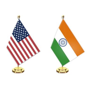 Imagem de Conjunto de 2 unidades de bandeira pequena de mesa indiana americana, mini banner indiano de mesa de 12 × 20 cm, decoração de poste de metal sólido de 30,48 cm, faixa de poliéster impressa digital